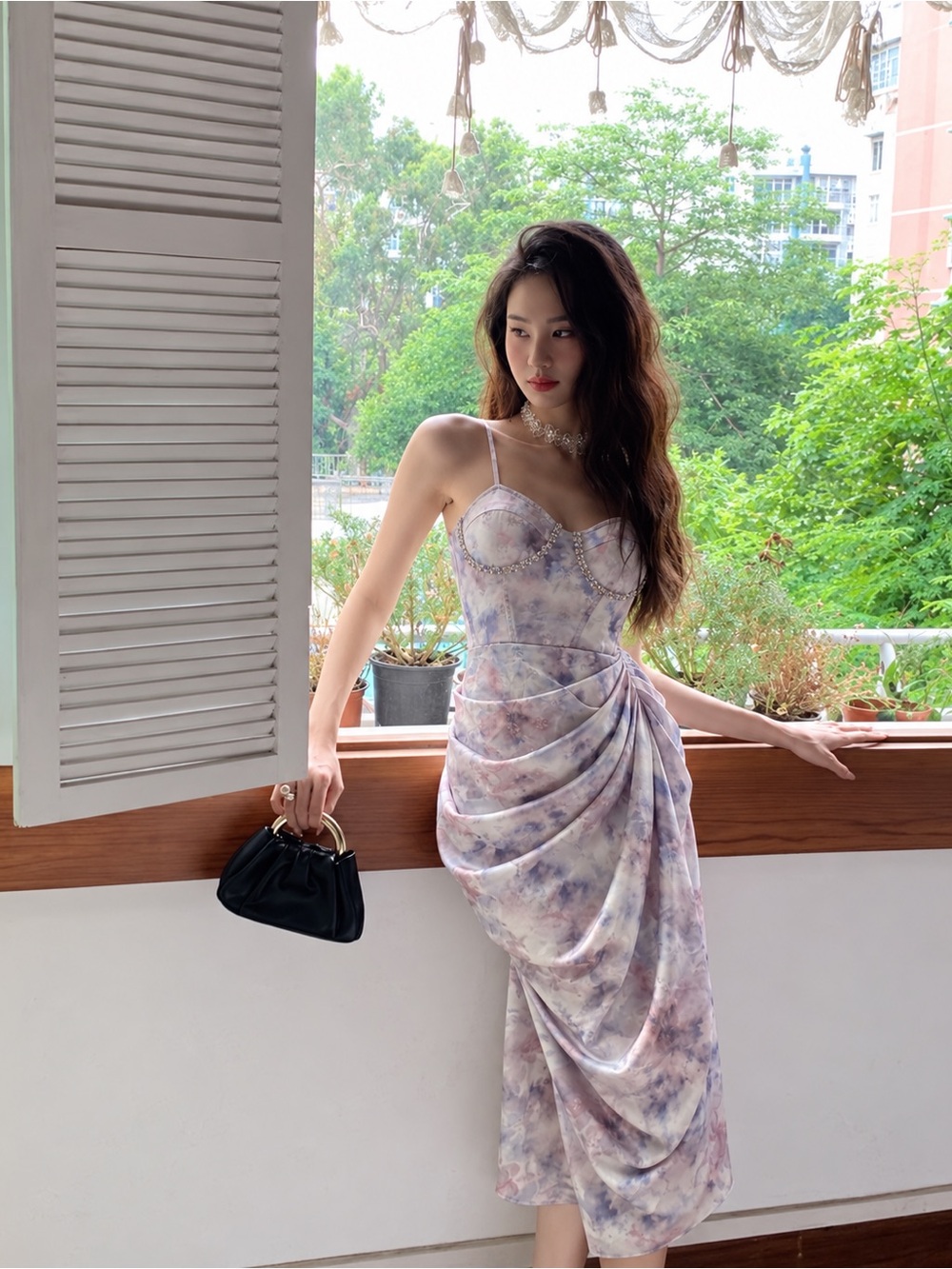 Embellished Spaghetti-Strap Midi Dress in Lavender Watercolor